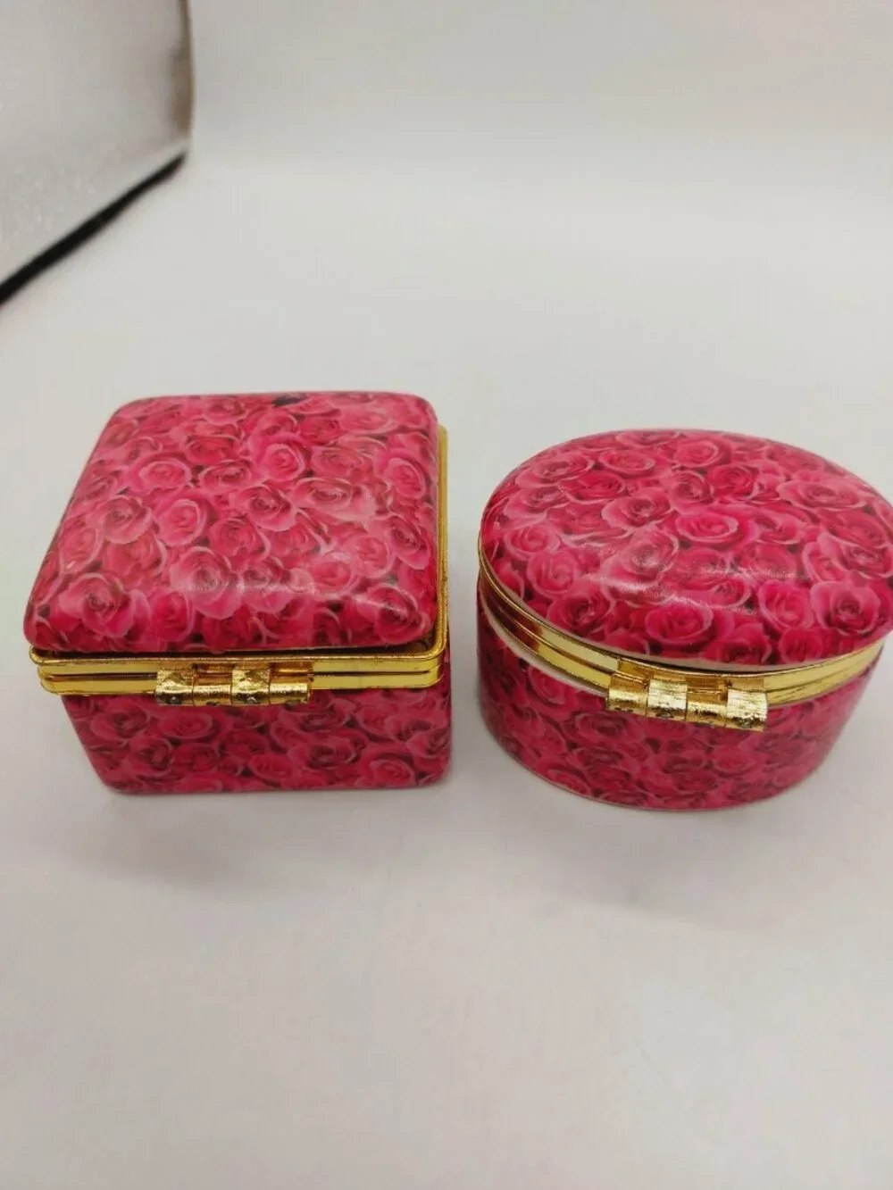 Trinket Box Pink Roses Hinged Round And Square Set Of 2 READ